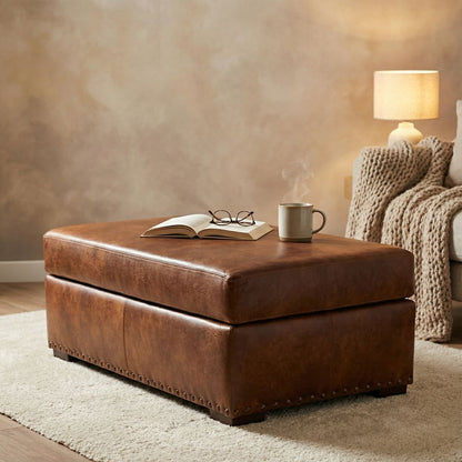Marshall 40" Rectangular Top Grain Leather Ottoman - Tombstone Antique