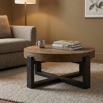 Nicklaus 41" Mahogany Round Coffee Table - Tuscan Brown + Metal