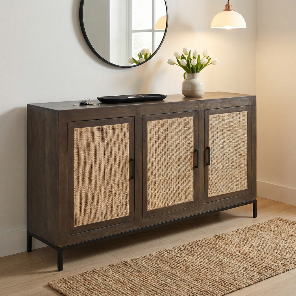 Nolan 72" 3 Door Sideboard - Matte Gray + Rattan