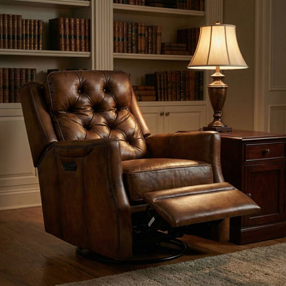 Oxford 37" Top Grain Tufted Leather Power Motion Recliner Swivel Glider - Old English Antique