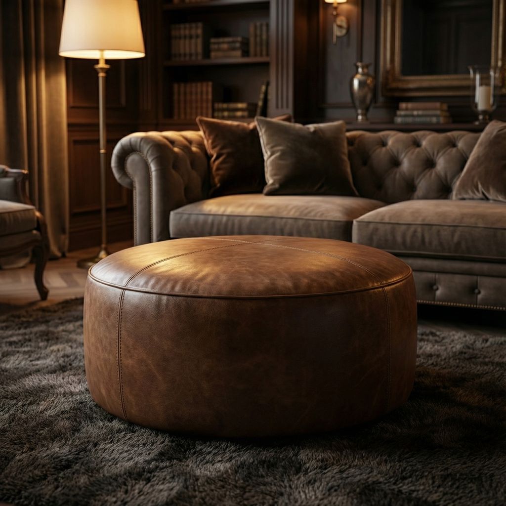 Penelope Express Ship 36" Round Top Grain Leather Ottoman - Smokehouse Brown