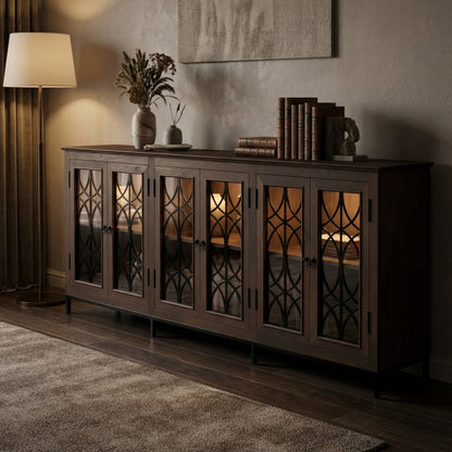 Randolph 100" 6 Door Glass Front Sideboard - Natural + Black