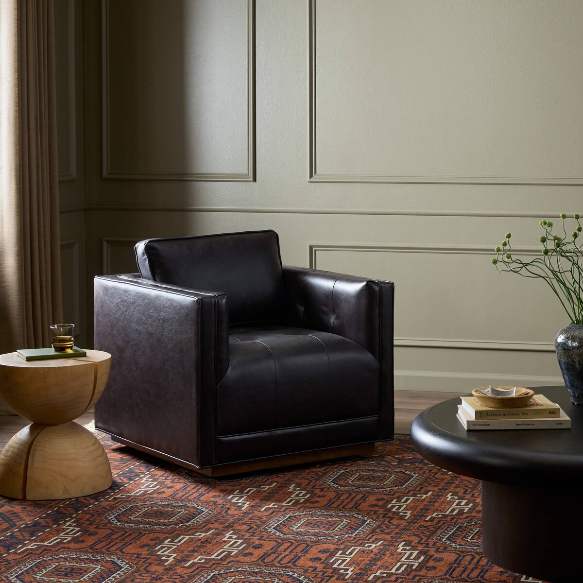 Regina 32" Top Grain Leather Swivel Chair - Black