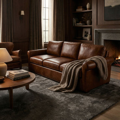 Roark 93" Rolled Arm 3 Cushion Top Grain Leather Sofa - Tombstone Antique