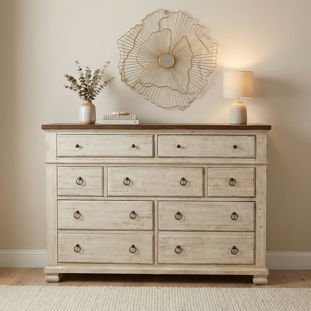 Savannah 65" Mahogany 9 Drawer Dresser - Vintage Cream + Driftwood