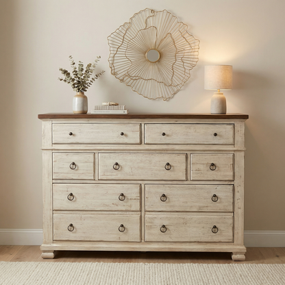 Savannah 65" Mahogany 9 Drawer Dresser - Vintage Cream + Driftwood