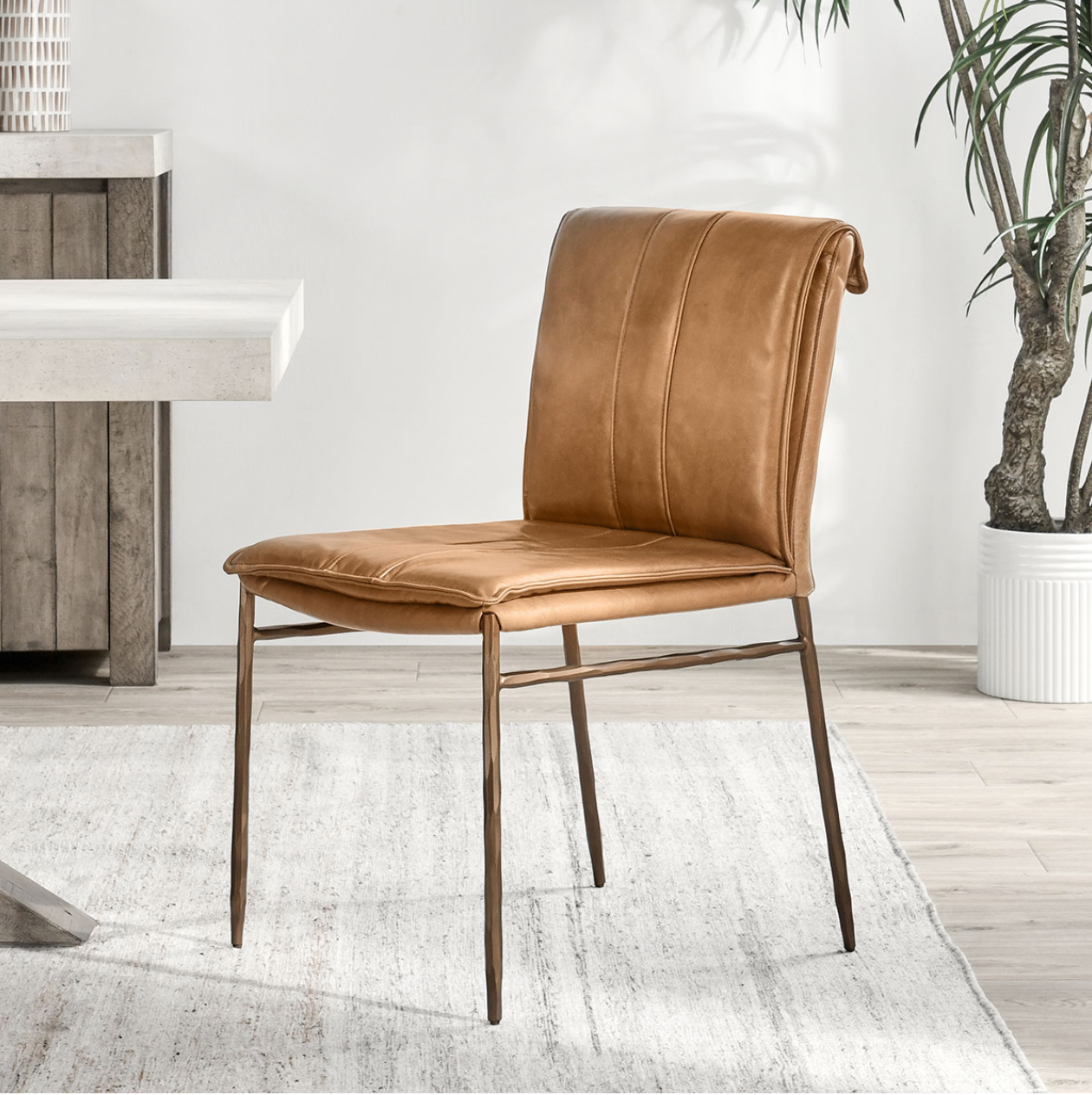 Wesley Top Grain Leather Hammered Iron Dining Chair Saddle Brass Classic Carolina Home