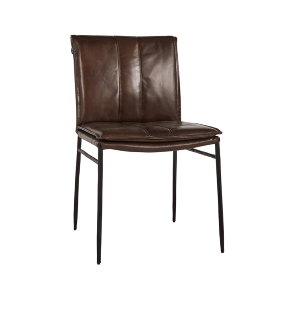 Wesley Top Grain Leather + Hammered Iron Dining Chair - Chocolate + Black
