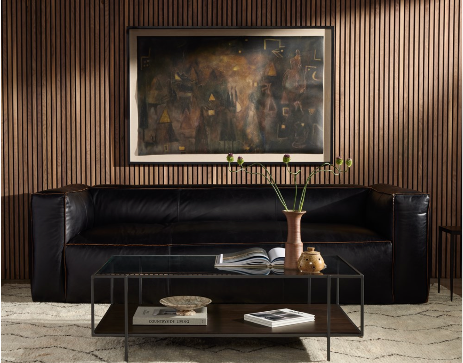 Nolan 99" Top Grain Leather Reverse Stitch Sofa - Black