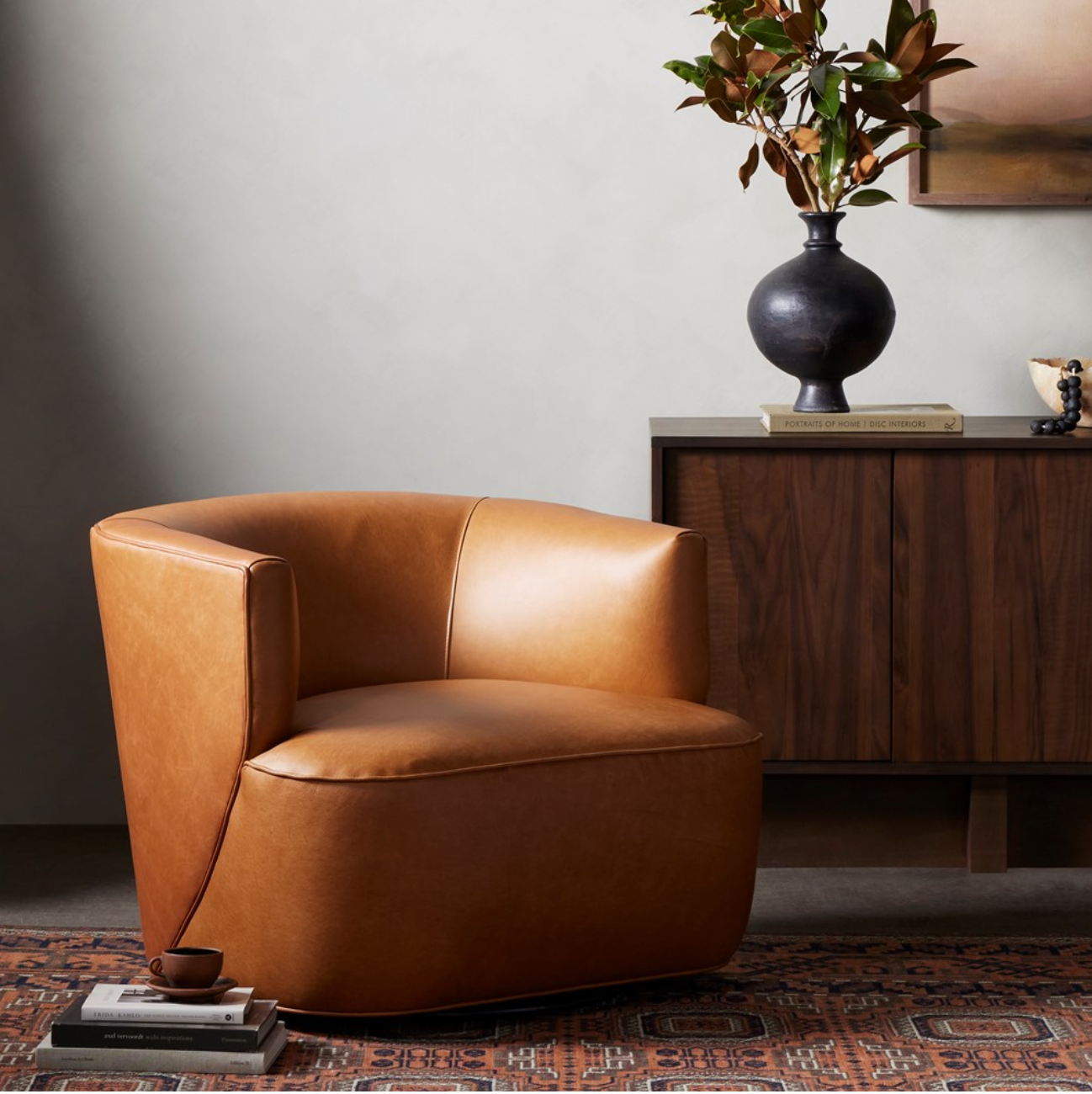 Kaelyn 34" Top Grain Leather Swivel Chair - Camel
