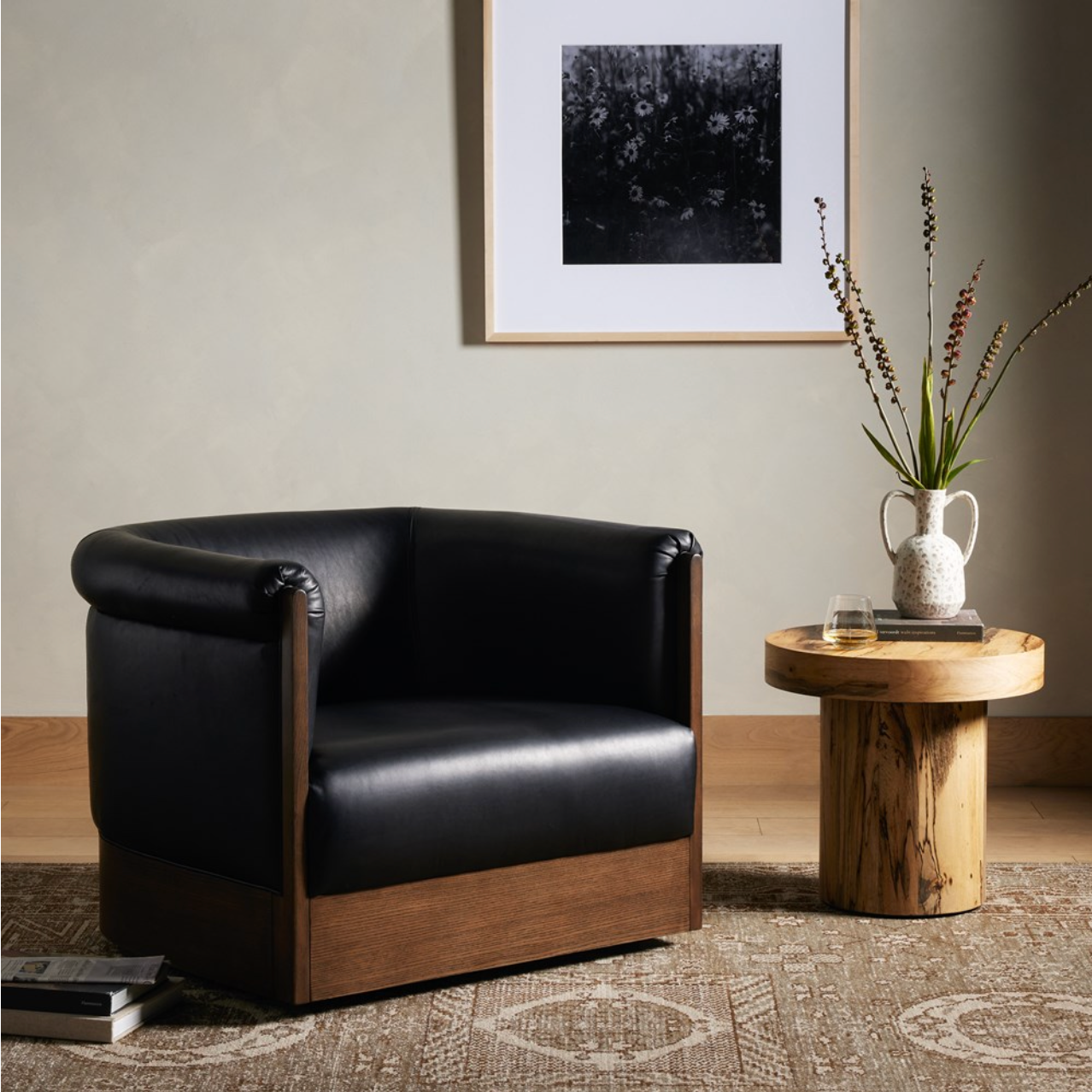 Cassius 38" Top Grain Leather Swivel Chair - Heirloom Black