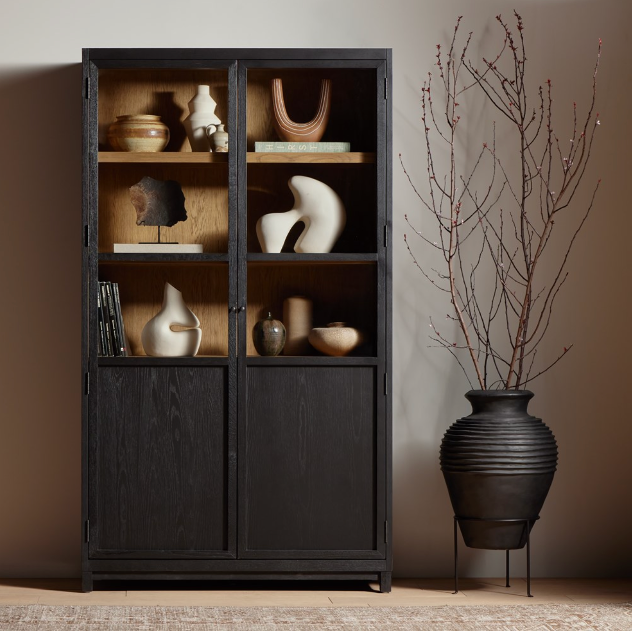 Kadence 47" Oak + Glass Door Cabinet- Matte Black + Oak