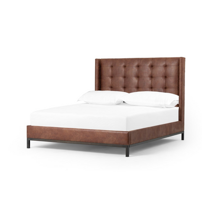 Newton 81" Tall Tufted Leather + Iron King Bed - Vintage Tobacco
