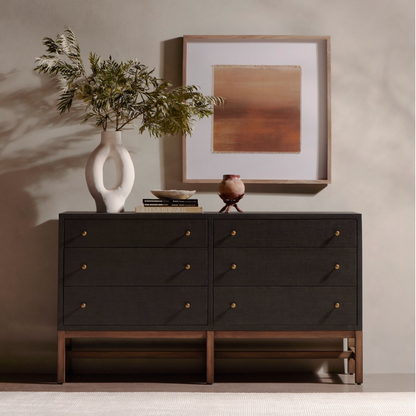 Bhari 62" 6 Drawer Dresser - Woven Black +Antique Brass