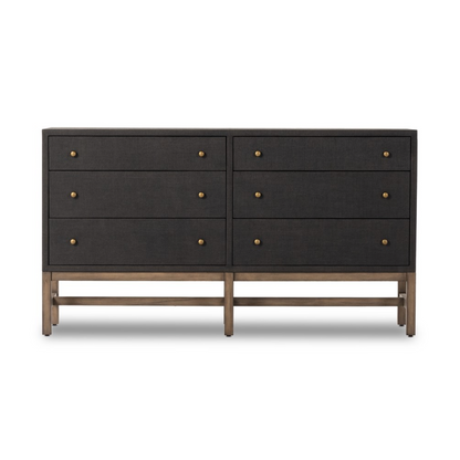 Bhari 62" 6 Drawer Dresser - Woven Black +Antique Brass