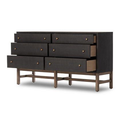 Bhari 62" 6 Drawer Dresser - Woven Black +Antique Brass