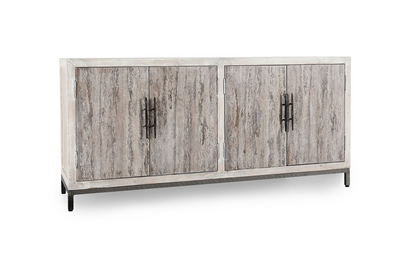 Drake 76" Reclaimed Pine + Travertine 4 Door Sideboard - Distressed White