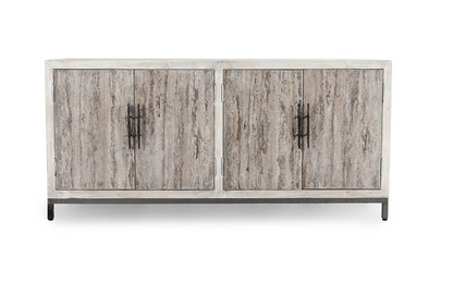 Drake 76" Reclaimed Pine + Travertine 4 Door Sideboard - Distressed White