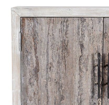 Drake 76" Reclaimed Pine + Travertine 4 Door Sideboard - Distressed White