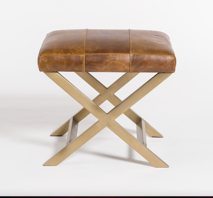 Griffin 23" Cross Leather Ottoman - Vintage Cigar