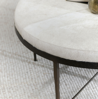 Calista 36" Cowhide + Hammered Iron Coffee Table - Frost