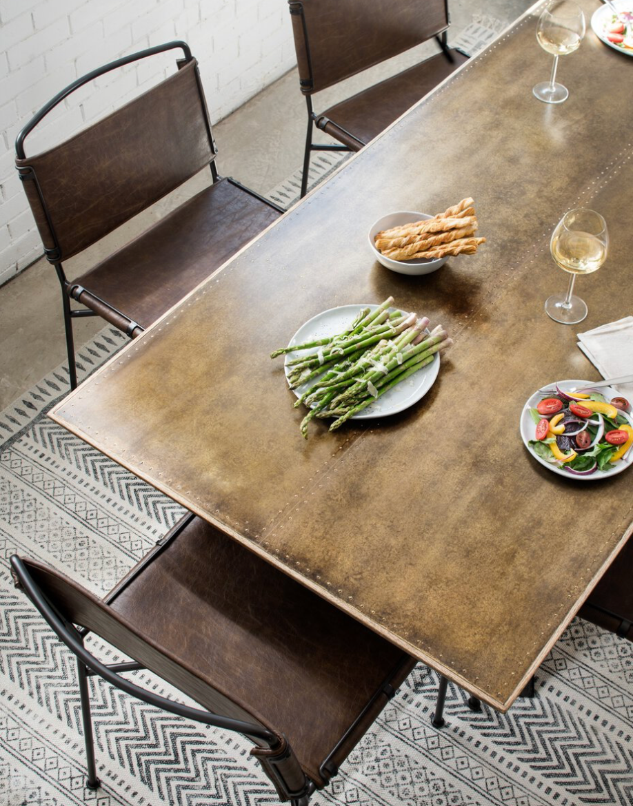 Spinnaker 79" Brass Clad Top Dining Table - Oak + Iron