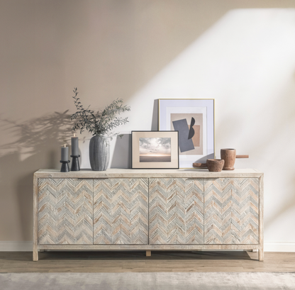 Sierra 94" 4 Door Reclaimed Pine Sideboard - Washed Herringbone