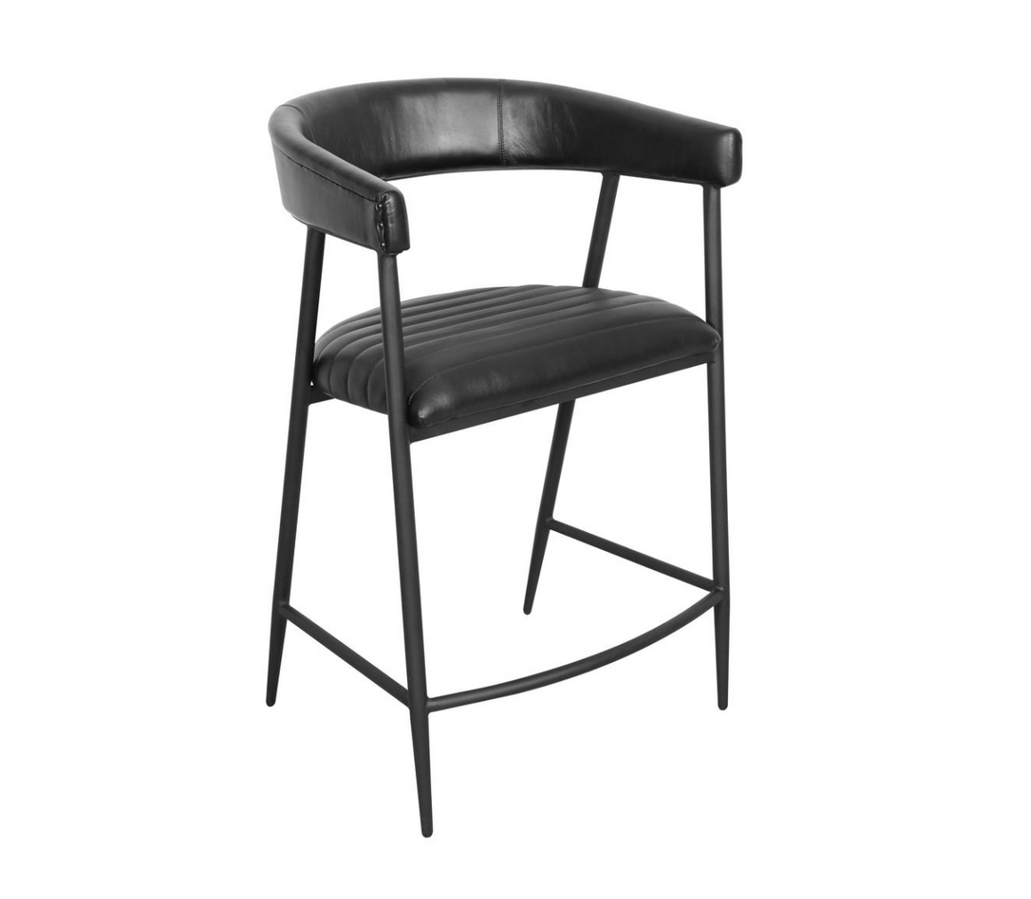 Addams 22" Top Grain Leather Counter Stool - Ebony + Iron