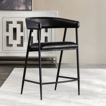 Addams 22" Top Grain Leather Counter Stool - Ebony + Iron