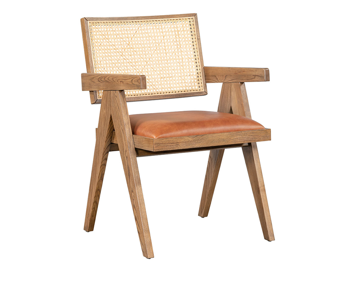 Mateo Cane + Leather Dining Chair - Ash + Tobacco