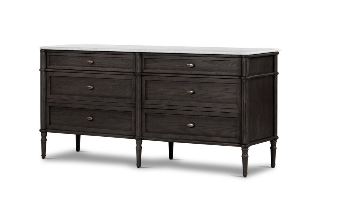 Eloise 70" 6 Drawer Dresser - Distressed Black w/ Polished White Marble