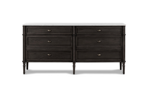 Eloise 70" 6 Drawer Dresser - Distressed Black w/ Polished White Marble