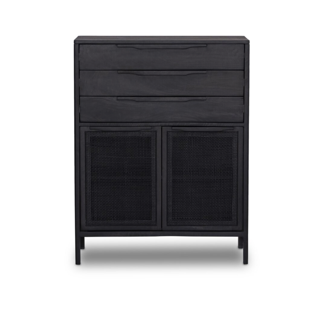 Marcelo 34" Tall 3 Drawer Chest - Black + Black Cane
