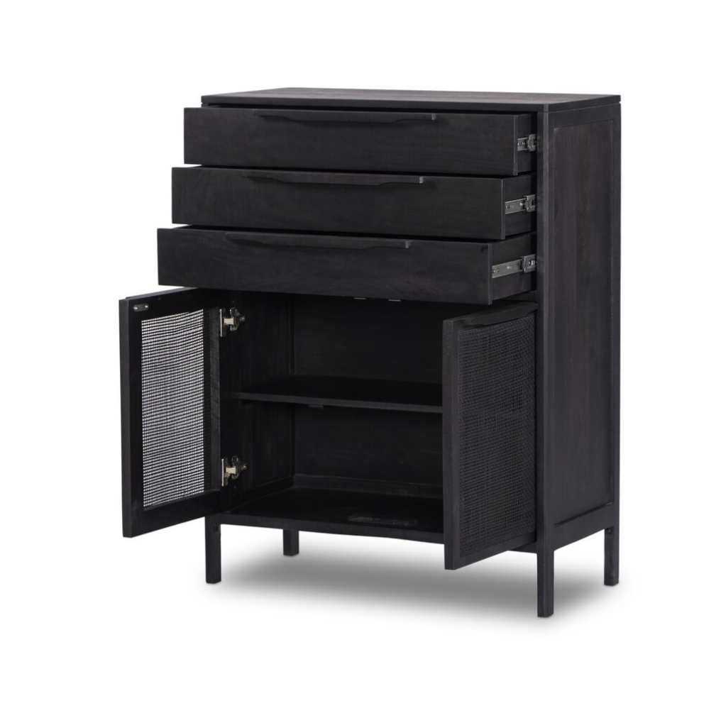 Marcelo 34" Tall 3 Drawer Chest - Black + Black Cane