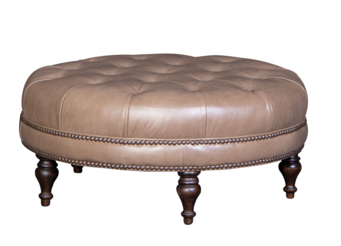 Elliott 42" Round Top Grain Leather Tufted Cocktail Ottoman - Desert Sand