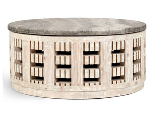 Denali 40" Round Coffee Table - Travertine + Reclaimed Pine