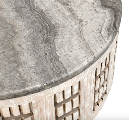 Denali 40" Round Coffee Table - Travertine + Reclaimed Pine