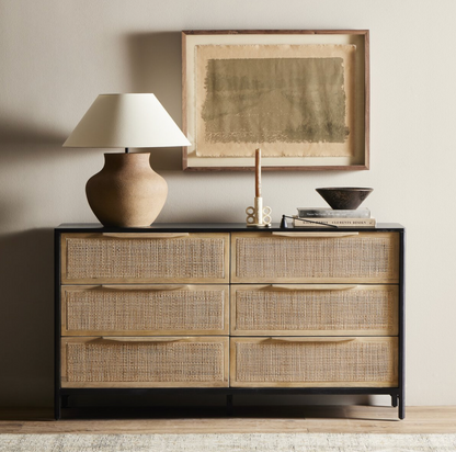 Marcelo 58" 6 Drawer Dresser - Black + Cane