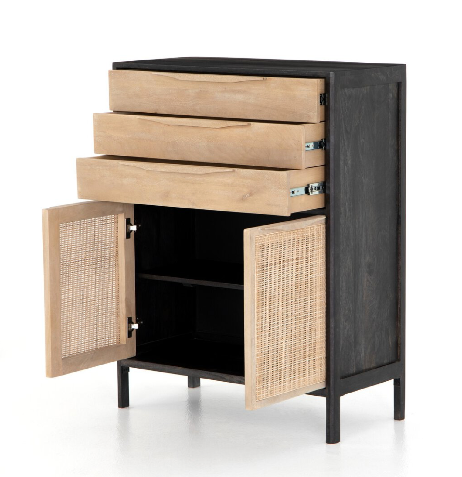 Marcelo 34" Tall 3 Drawer Chest - Black + Cane