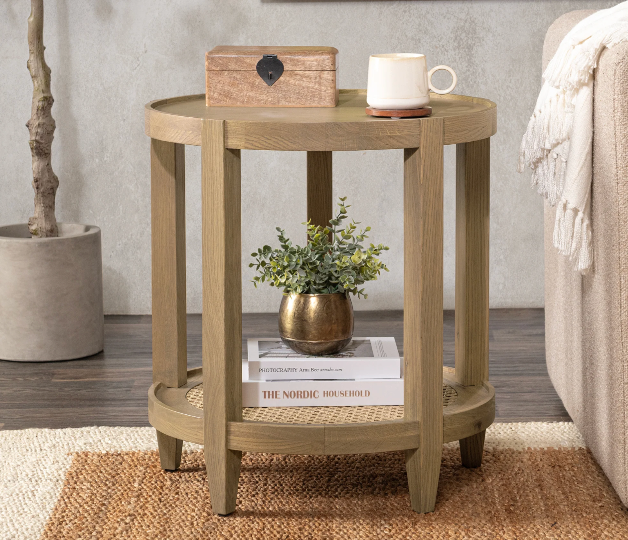 Dabney 22" Round End Table - Oak + Cane