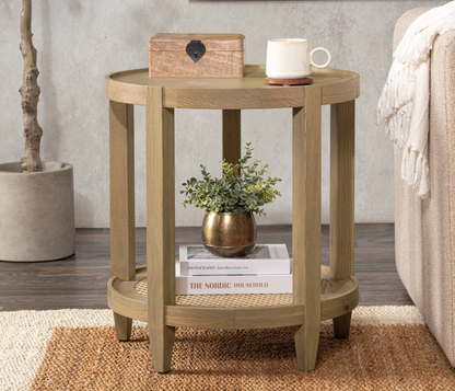 Dabney 22" Round End Table - Oak + Cane