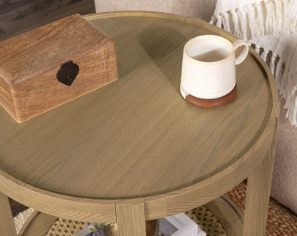 Dabney 22" Round End Table - Oak + Cane