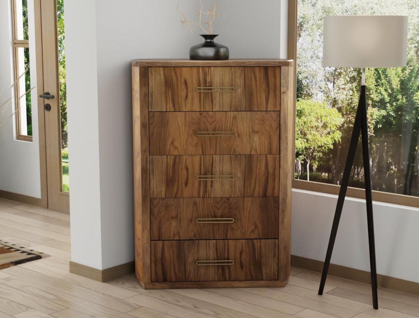 Bertram 40" Teak 5 Drawer Dresser - Natural