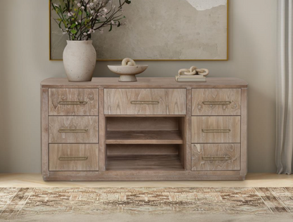 Bertram 70" Teak 7 Drawer Console Table - Driftwood