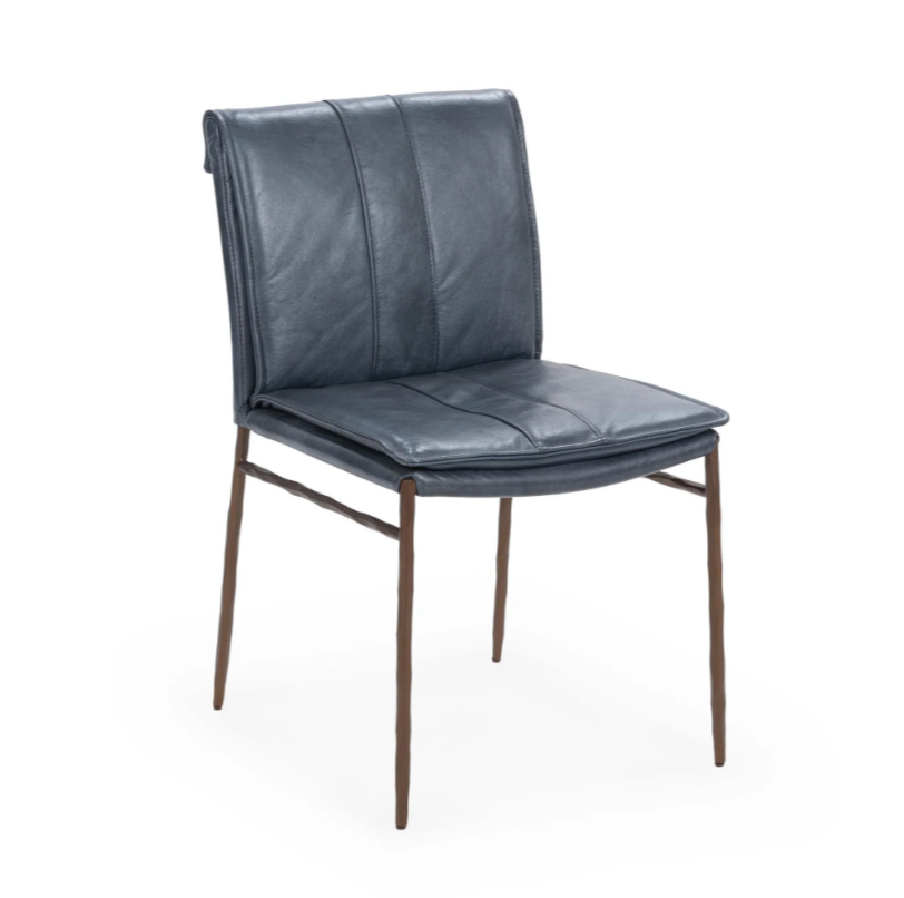 Wesley Top Grain Leather + Hammered Iron Dining Chair - Ocean Blue