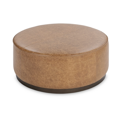 Clark 40" Round Top Grain Leather Ottoman - Chestnut