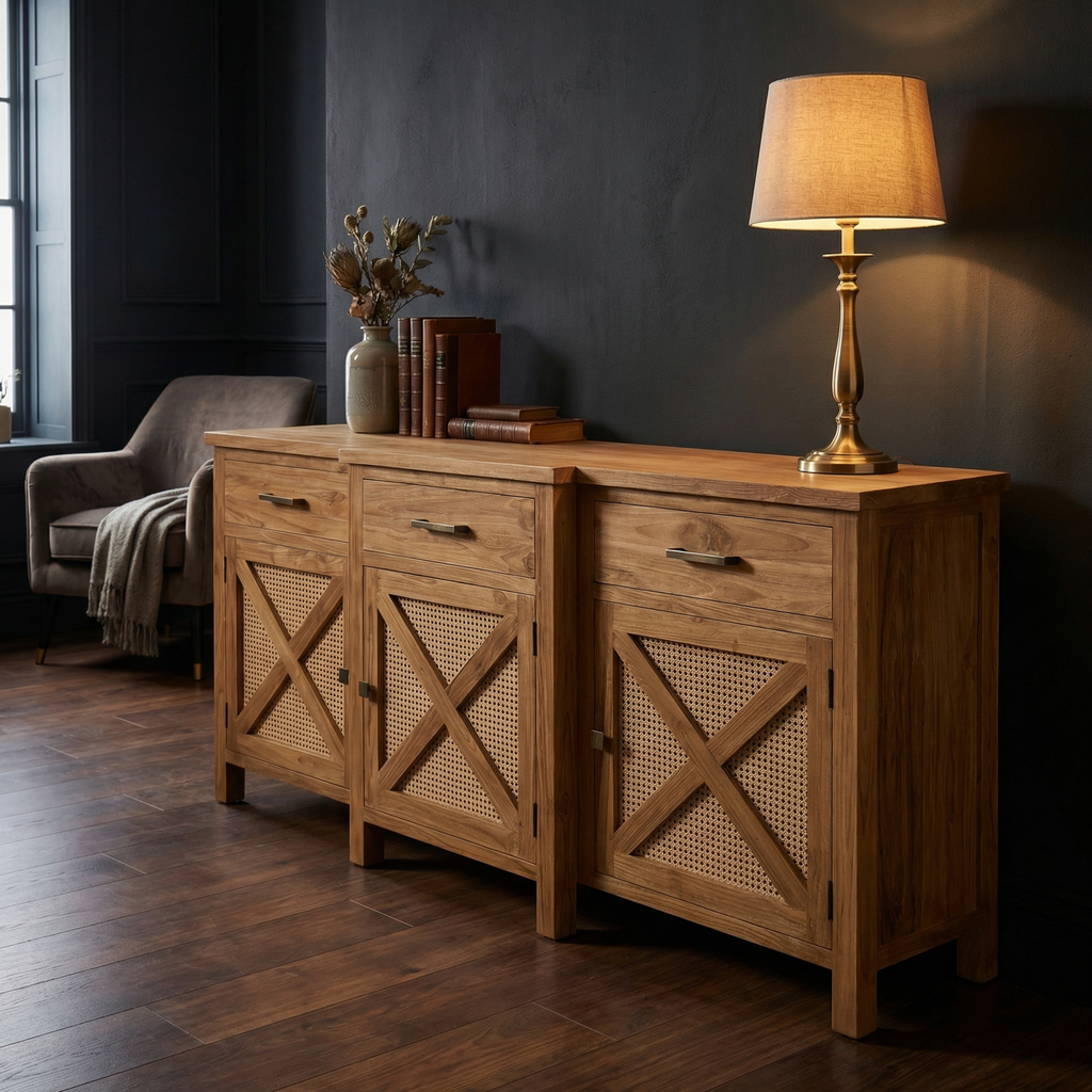 Sylvan 79" Teak + Rattan 3 Door Sideboard