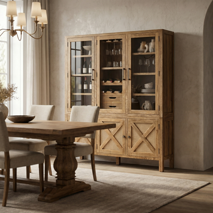 Sylvan 60" Teak & Rattan Wine Cabinet - Straw Wash