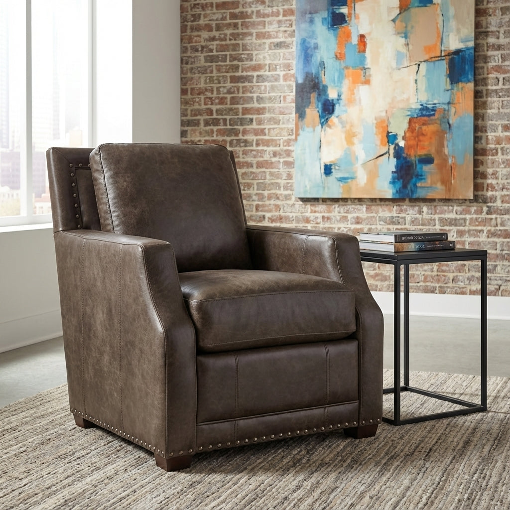 Topeka 29" Slope Arm Top Grain Leather Swivel Club Chair -  Skipping Stone + Nickel