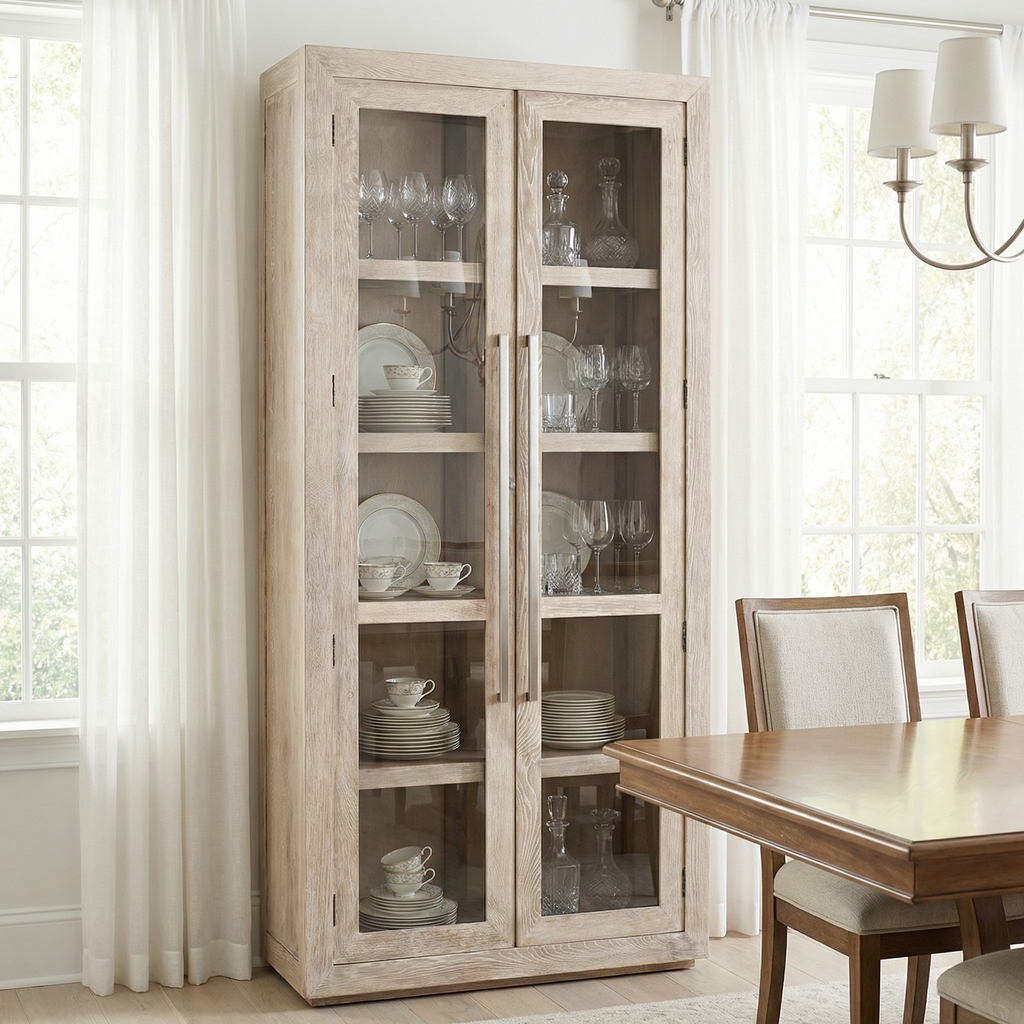 Tristan 45" Wood & Glass 2 Door Oak Cabinet - White